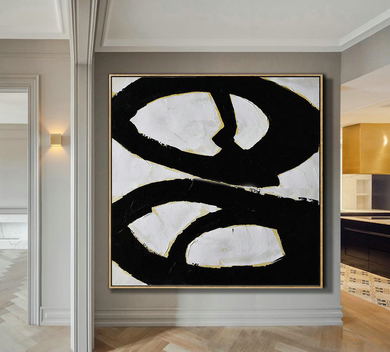 Large Abstract Painting Canvas Art,Handmade Minimal Art Palette Knife Canvas Painting, Black White Beige - Large Wall Canvas